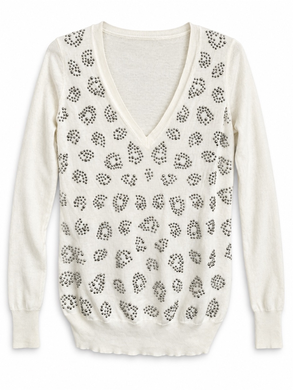 White Patterned Women's Sweater V-Neck - Small